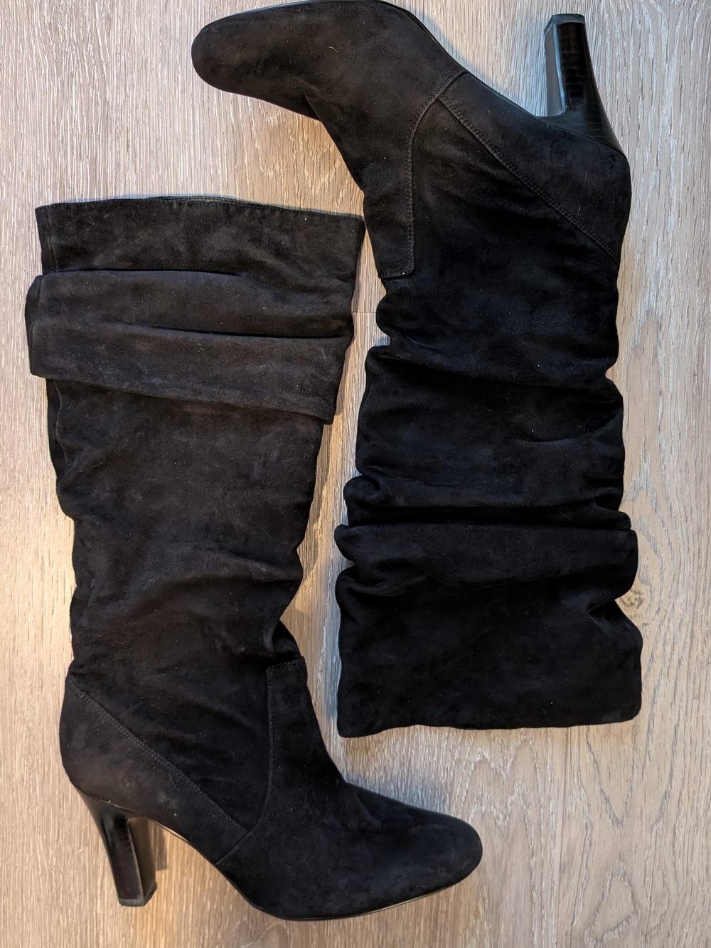 Nine West Black Suede Slouch Knee-High Heeled Boots